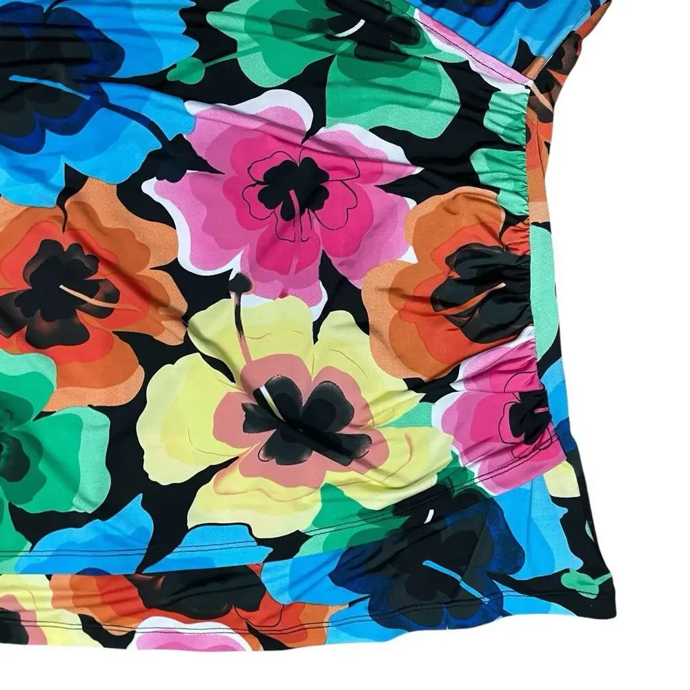 Milano‎ Floral Suit Cover Faux Wrap Top Women Sz 1X Plus Rashguard Artsy Ruched